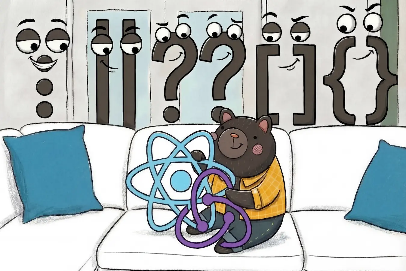 The symbols "...", "||", "??", "[]" and "{}" grin with anticipation while looking at a sitting on a white couch character that symbolizes the combination of React, Redux, and Zustand